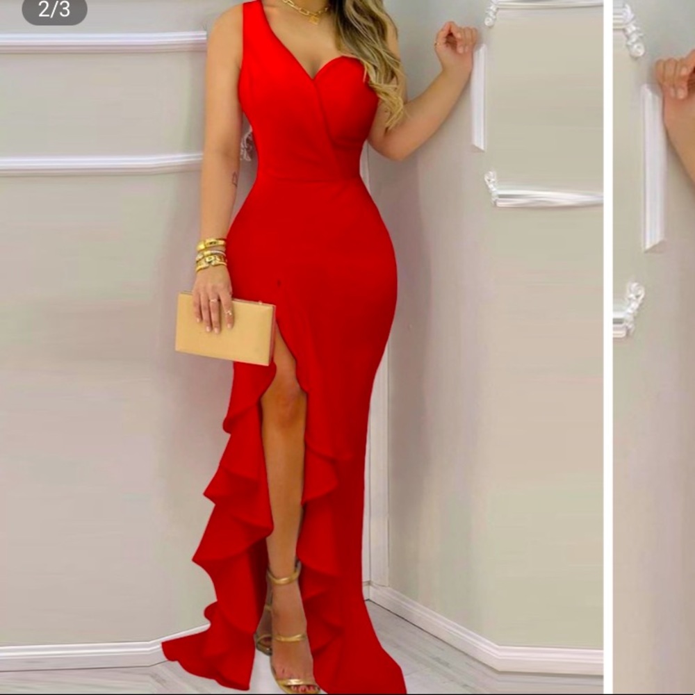 Ruffle slit maxi red dress